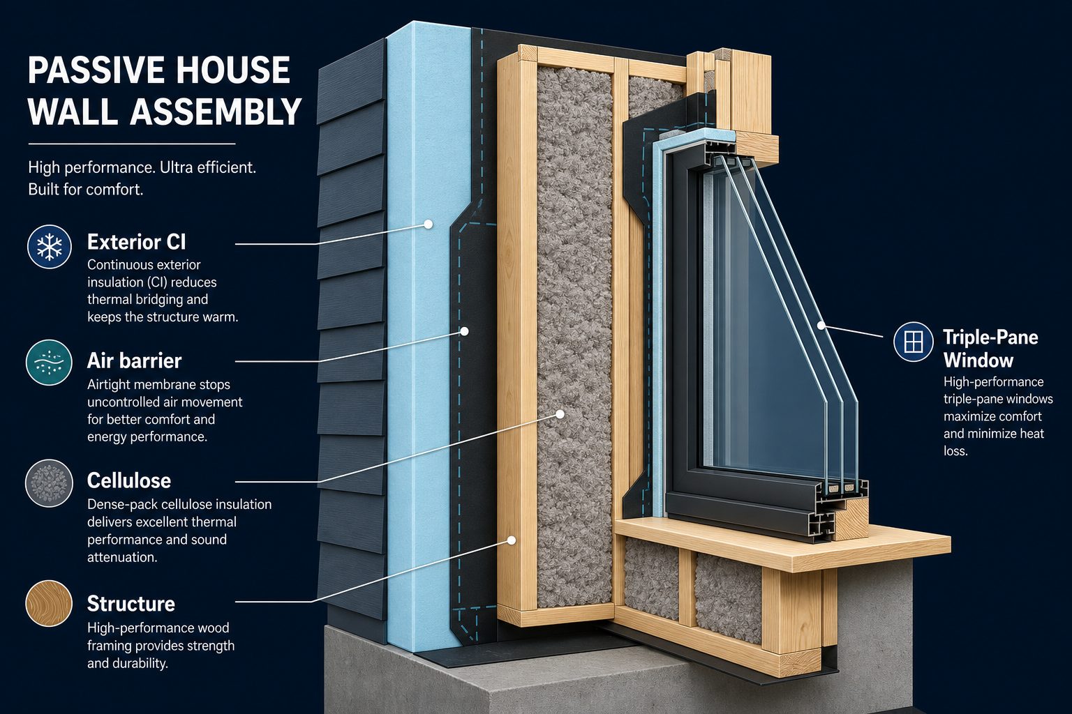 Diagram of a high-performance Passive House wall: double-stud cellulose, exterior continuous insulation, and a continuous air barrier