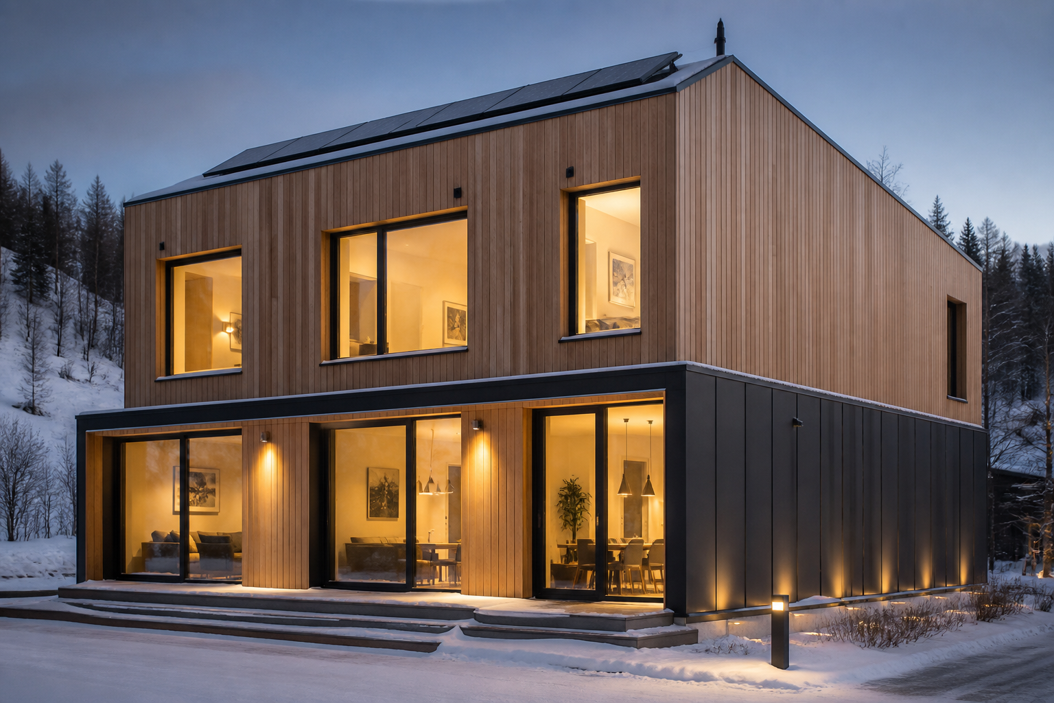 Concept view of a calm, well-insulated Passive House with deep overhangs and soft daylight